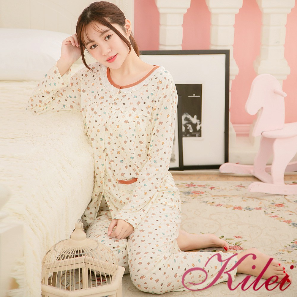 【Kilei】女生睡衣 睡衣套裝 家居服睡衣 牛奶絲蘑菇小熊二件式長袖睡衣組XA3881(清雅杏黃)全尺碼