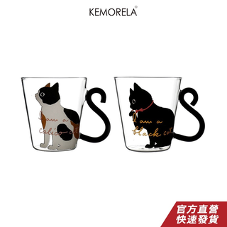 KEMORELA 可愛貓咪創意玻璃杯 貓咪造型玻璃杯 黑白貓情侶杯 帶把早餐牛奶燕麥貓爪杯 卡通可愛貓咪咖啡杯 禮品杯