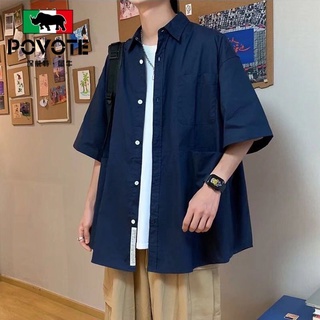 夏季日系原宿風復古情侶純色短袖襯衫男女潮流百搭寬鬆痞帥氣襯衣