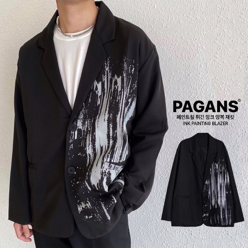 【PAGANS STORE】韓版 刷漆 潑墨 噴漆 設計 雙口袋 西裝 外套