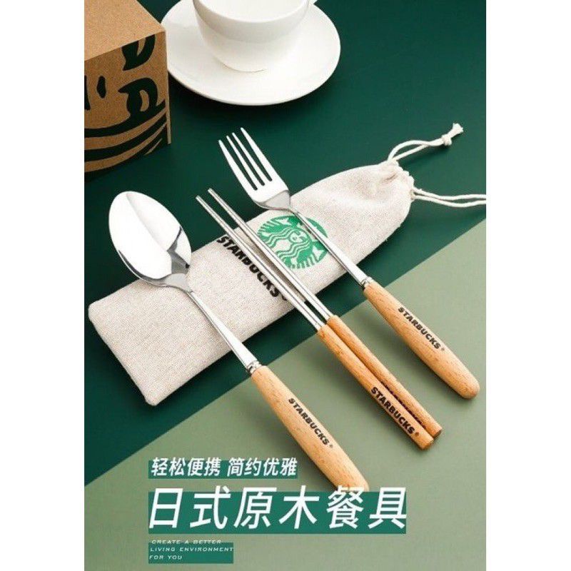 （現貨全新）星巴克木質隨行環保餐具組《內附筷子/湯匙/叉子》