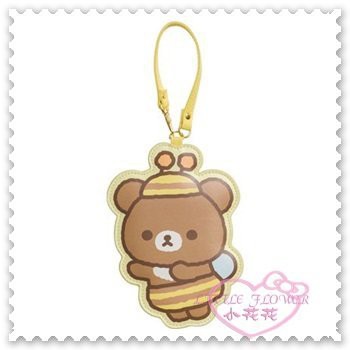 ♥小花花日本精品♥《Rilakkuma》拉拉熊 皮質票卡夾 悠遊卡 車票 站姿 黃色蜜蜂裝 附掛繩 58885604