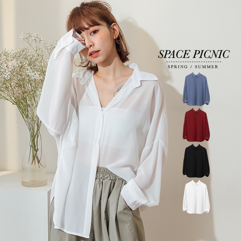 Space Picnic 素面雪紡紗透膚長袖襯衫 C19061004 蝦皮購物