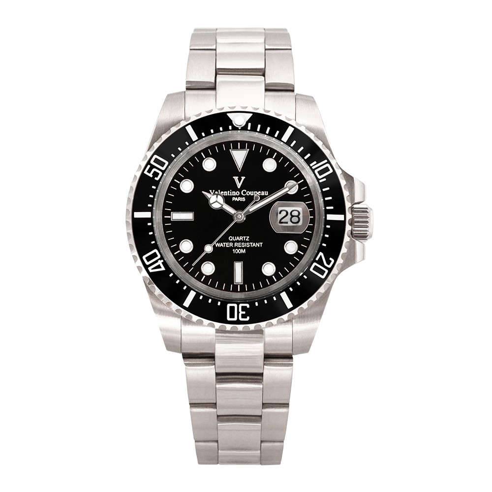 【八度空間】Valentino 古柏不鏽鋼腕錶-日本機芯防水錶 正統黑色黑底陶瓷外框水鬼錶 #范倫鐵諾