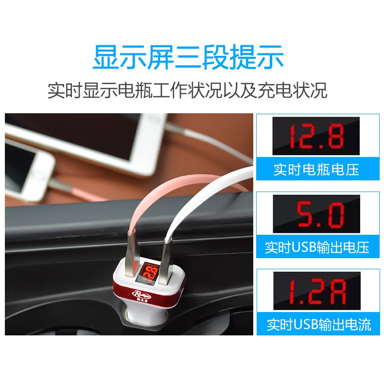 車用 雙孔 USB 充電器 電壓 顯示 2A 中間顯示款