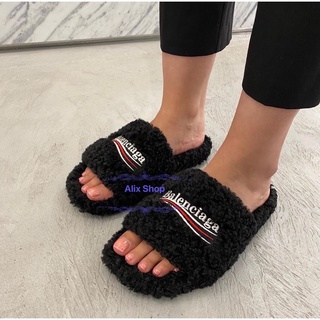 現貨Balenciaga 巴黎世家女款、黑色、裸粉色、玫瑰粉色、泰迪熊毛茸茸經典可樂刺繡Logo拖鞋