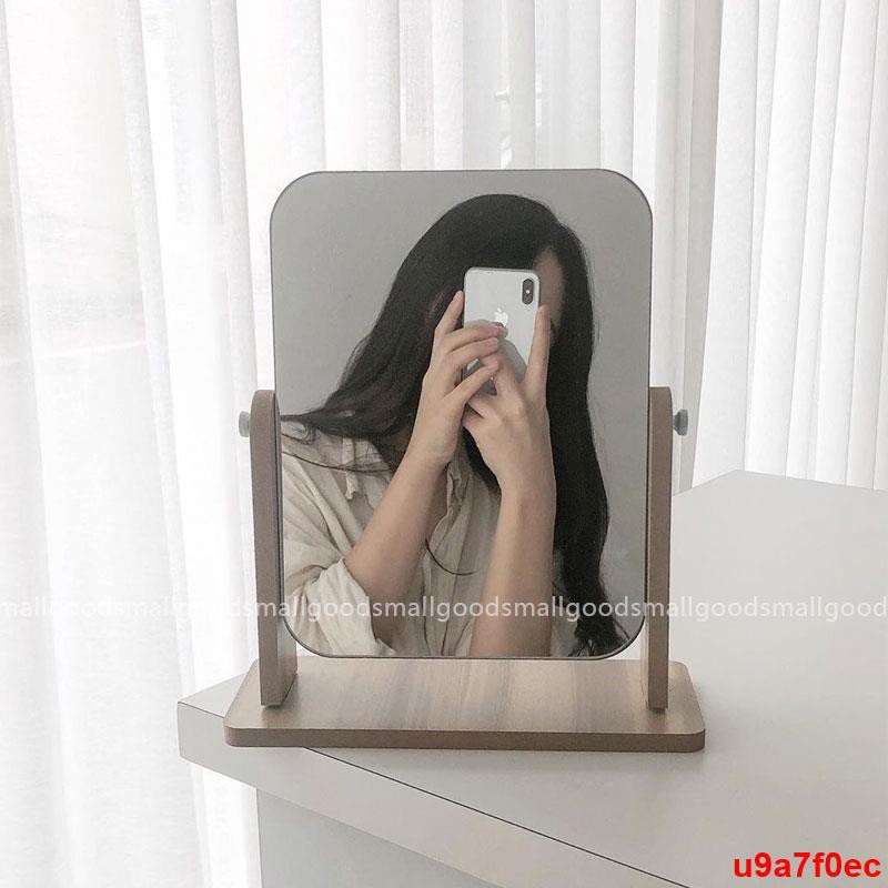 新品 化妝鏡 絲絲小物 ins簡約 木質 鏡子 旋轉簡約桌面化妝鏡臺式學生宿舍 鏡子 | BeeCost