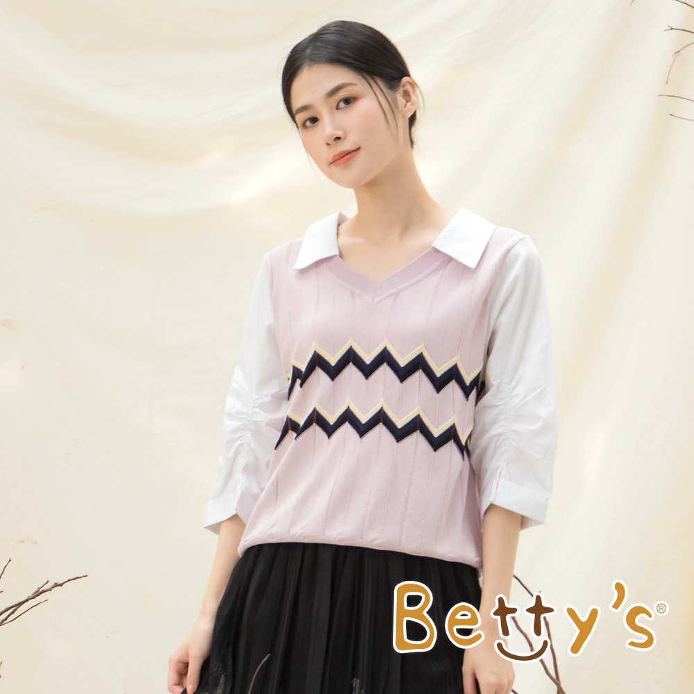 betty’s貝蒂思(15)鋸齒織紋假兩件針織線衫(淺粉)