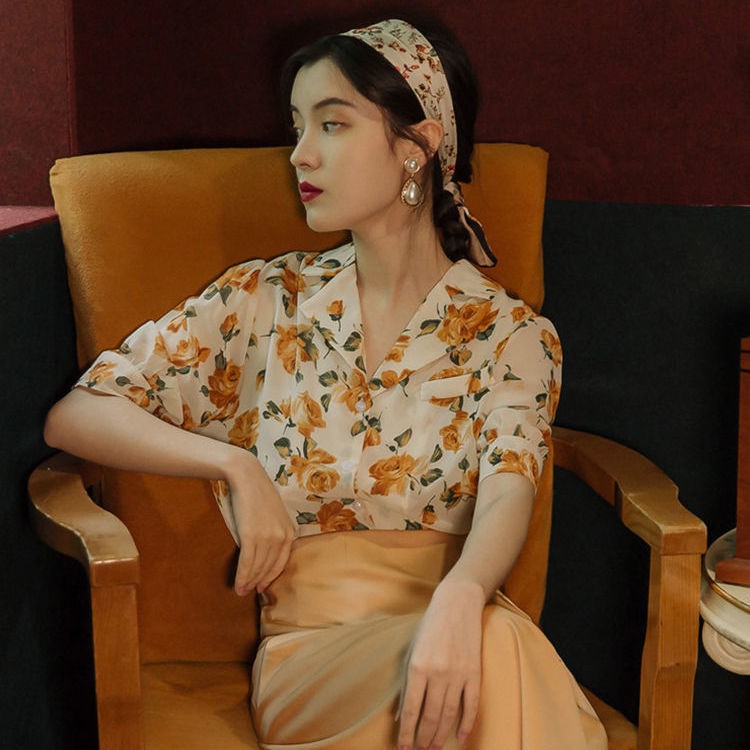 襯衫女80年代女裝港風雪紡防曬衫大花連衣裙套裝碎花復古上衣女 蝦皮購物