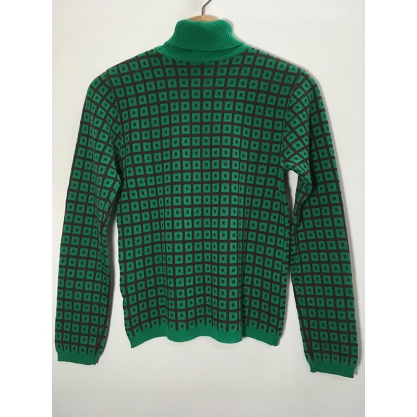 日本製/日本購入高領深綠格紋點點復古/古著束口毛衣 近全新