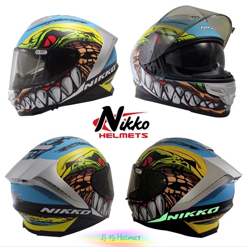 NIKKO安全帽 N-806 #6 夜光版鱷魚 消光藍綠 全罩式安全帽 內置墨鏡