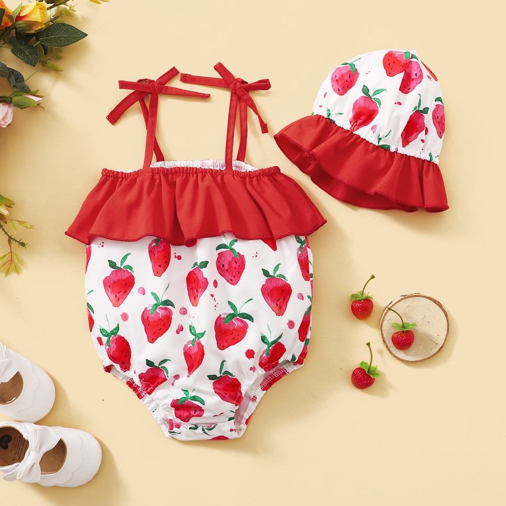 0-18 個月初生女嬰可愛草莓圖案緊身衣褲 + 帽子嬰兒女孩暑假生日派對服裝蹣跚學步女嬰時尚服裝