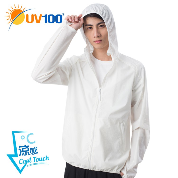 【UV100】 防曬 抗UV-涼感透氣夜光連帽外套-男 - 天使白(AA81030)