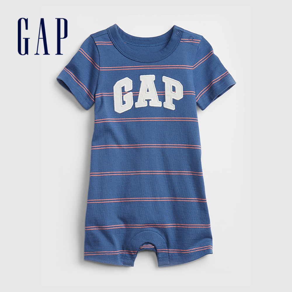 Gap 嬰兒裝 Logo條紋短袖包屁衣-藍色(809856)