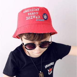 紅色格紋配色英文印花兒童太陽帽遮陽帽 漁夫帽(6041971137)