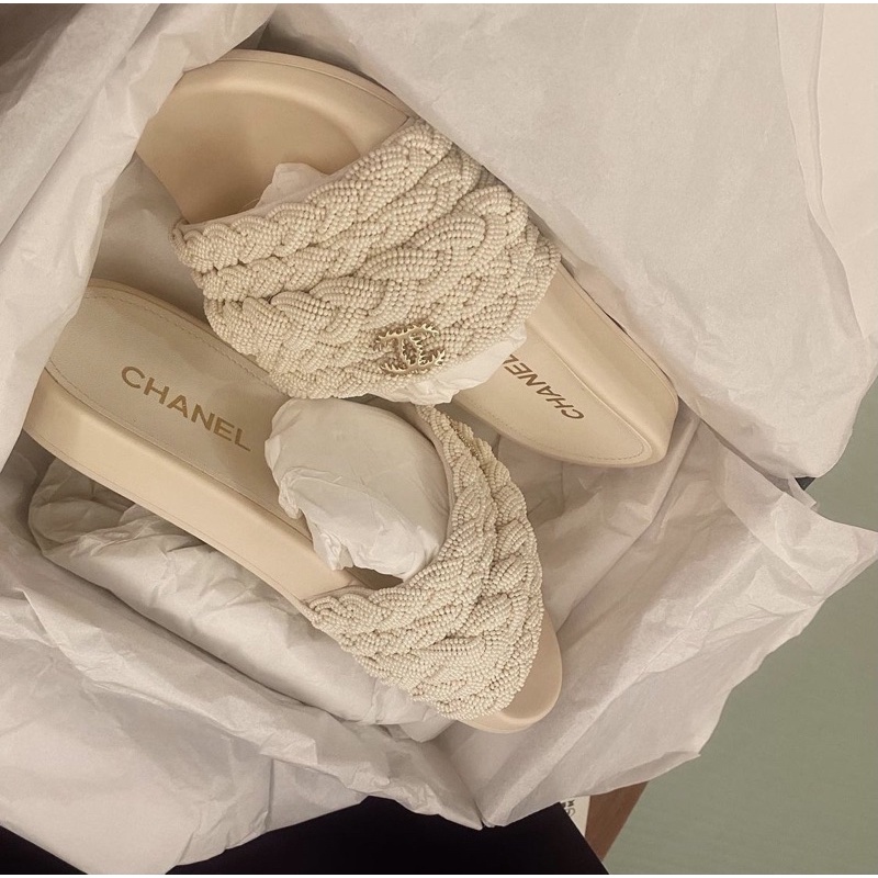 Chanel珍珠拖鞋白色39cm
