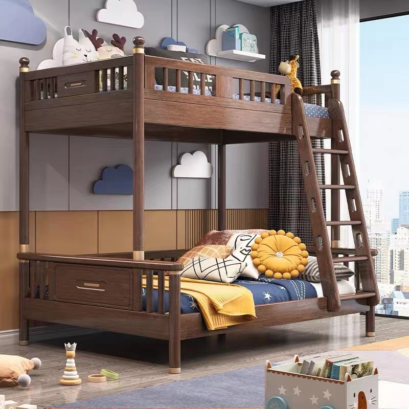 新中式實木子母床衚桃木高低兒童床上下鋪樓梯床多功能組閤雙層床 床架 高架床 高腳床 雙層床架 鐵床架 雙層床