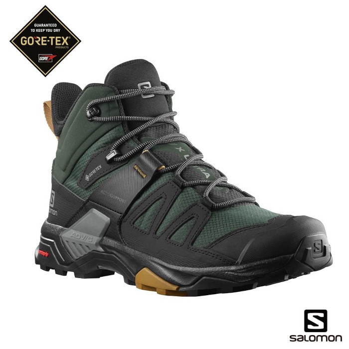 法國 Salomon 男 X ULTRA 4 寬楦 Goretex (灰綠/黑/孜然黃), 男中筒登山鞋