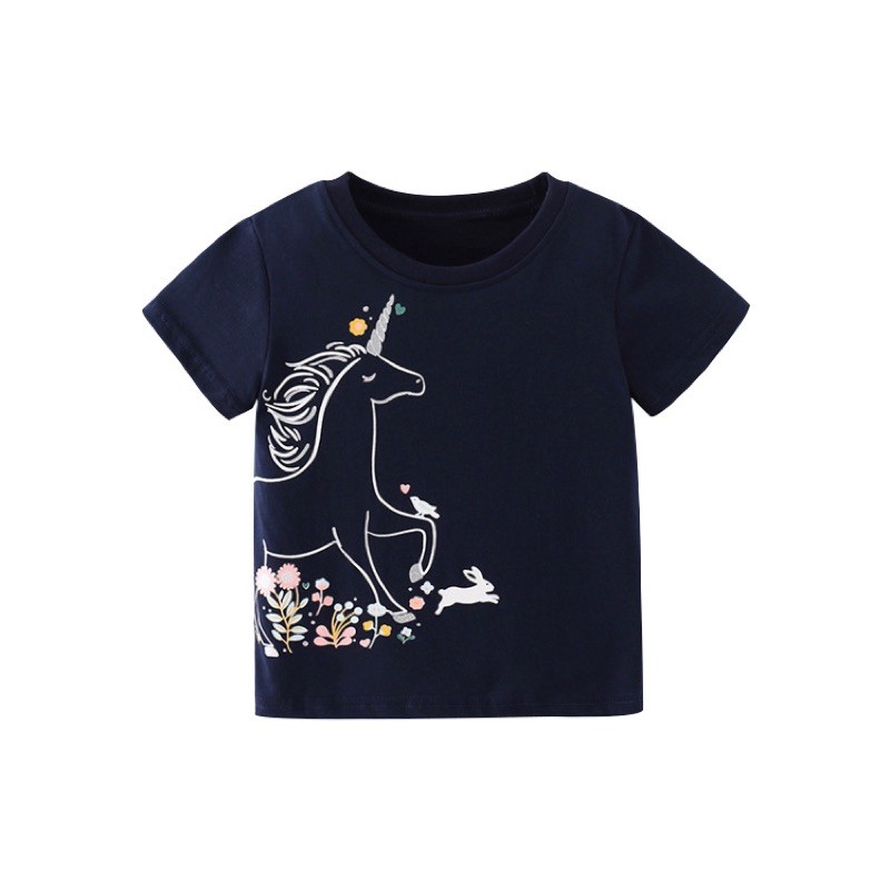 🦋韓米樂🦋現貨🌟120～140碼，女童新款春夏裝短袖獨角飛馬卡通黑色上衣