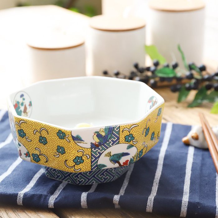 日式創意八角高腳碗 黃色 白色 和風 中國風 陶瓷餐具 陶瓷碗 高腳碗 八角碗【波傣家生活雜貨舖】