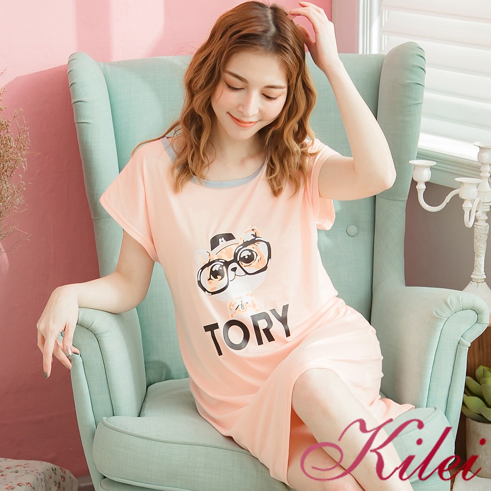 【Kilei】牛奶絲Q版狗圖案短袖連身裙睡衣XA3643-01(萌感桔膚)全尺碼