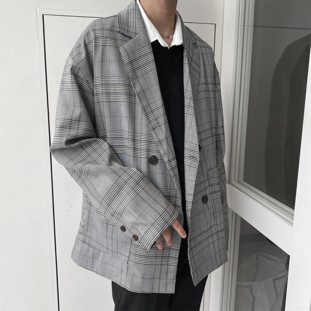 【K-2】韓國 千鳥格 寬鬆 西裝外套 落肩 OVERSIZE 小哥哥 歐巴 時尚 時裝 西裝 情侶