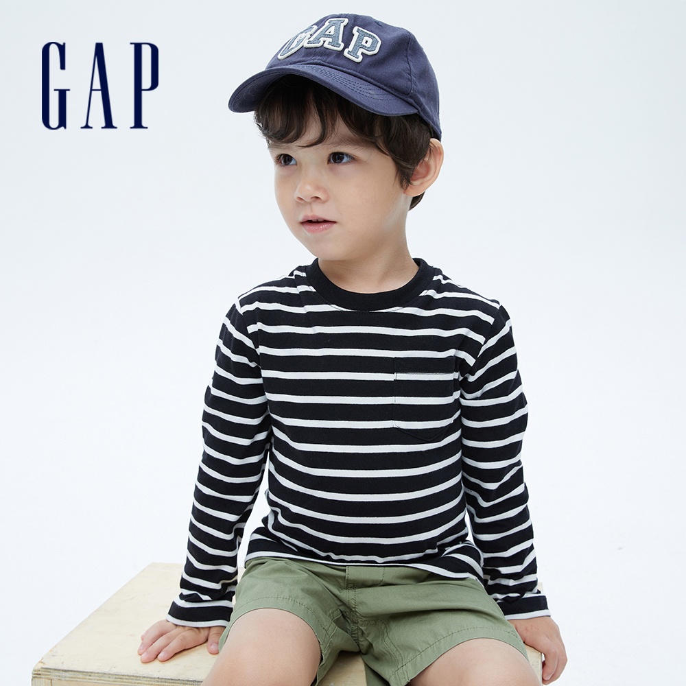Gap 男幼童裝 純棉條紋寬鬆長袖T恤 布萊納系列-黑色條紋(732791)