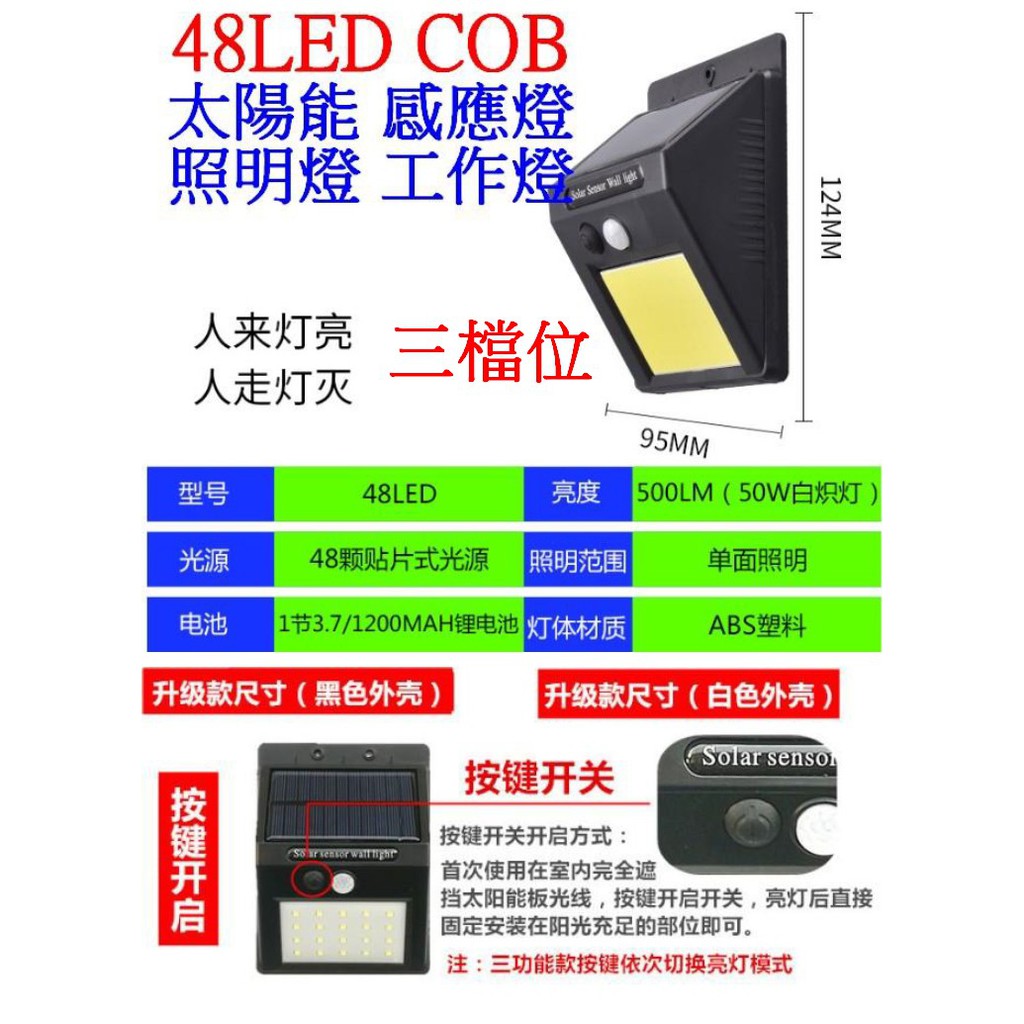 【成品購物】太陽能感應燈 48LED COB 50W 三檔 壁燈 人體感應燈 照明燈 工作燈 露營燈