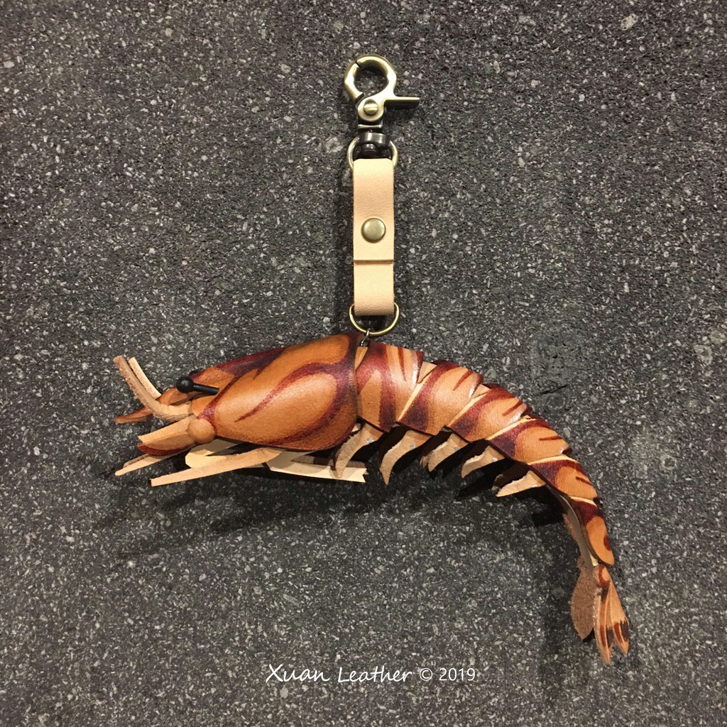 Xuan Leather｜動物皮雕 海洋系列 斑節蝦(大正蝦 明蝦)真實大小 皮件吊飾掛扣鑰匙圈