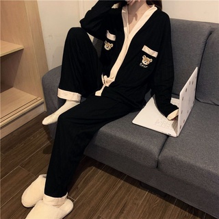 🔆小甜甜日系美衣👙ins簡約V領對襟撞色長袖長褲秋冬款睡衣韓版可愛小熊家居服套裝