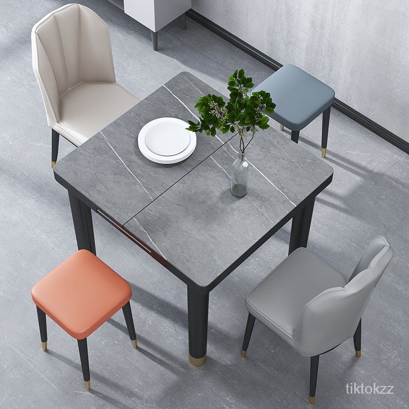 劍豪家居城岩板餐桌方形網紅可伸縮輕奢家用小戶型折疊飯椅組合現代簡約實木