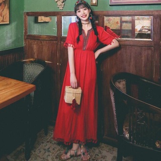 民族風洋裝 度假連身裙 女裝 民族風刺繡松緊腰復古度假紅色連身裙1205 NE603衣時尚