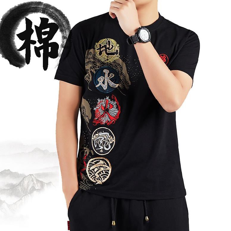 刺繡t恤男日系潮牌學生上衣中國風刺繡短袖鬼純棉洗春夏國潮男裝五輪圓領t恤日系個性潮 牌休閒半袖衫