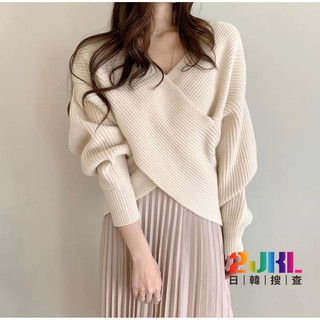 6005真的超佛心價 交叉短版針織V領上衣 泡泡袖 不規則 簡約素面 百搭彈性針織 氣質性感 針織上衣 保暖寬鬆 包芯紗
