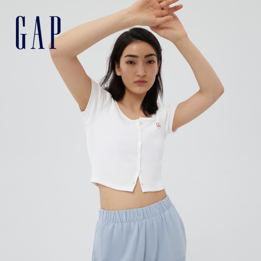 Gap 女裝 Logo純棉緊身短版針織短袖T恤 女友T系列-白色(400964)