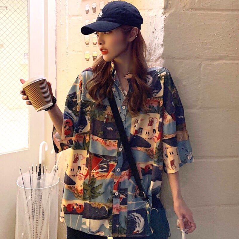 現貨 韓版ulzzang復古80年代港風潮流嘻哈短袖襯衫男女潮人穿搭長版上衣外套 蝦皮購物