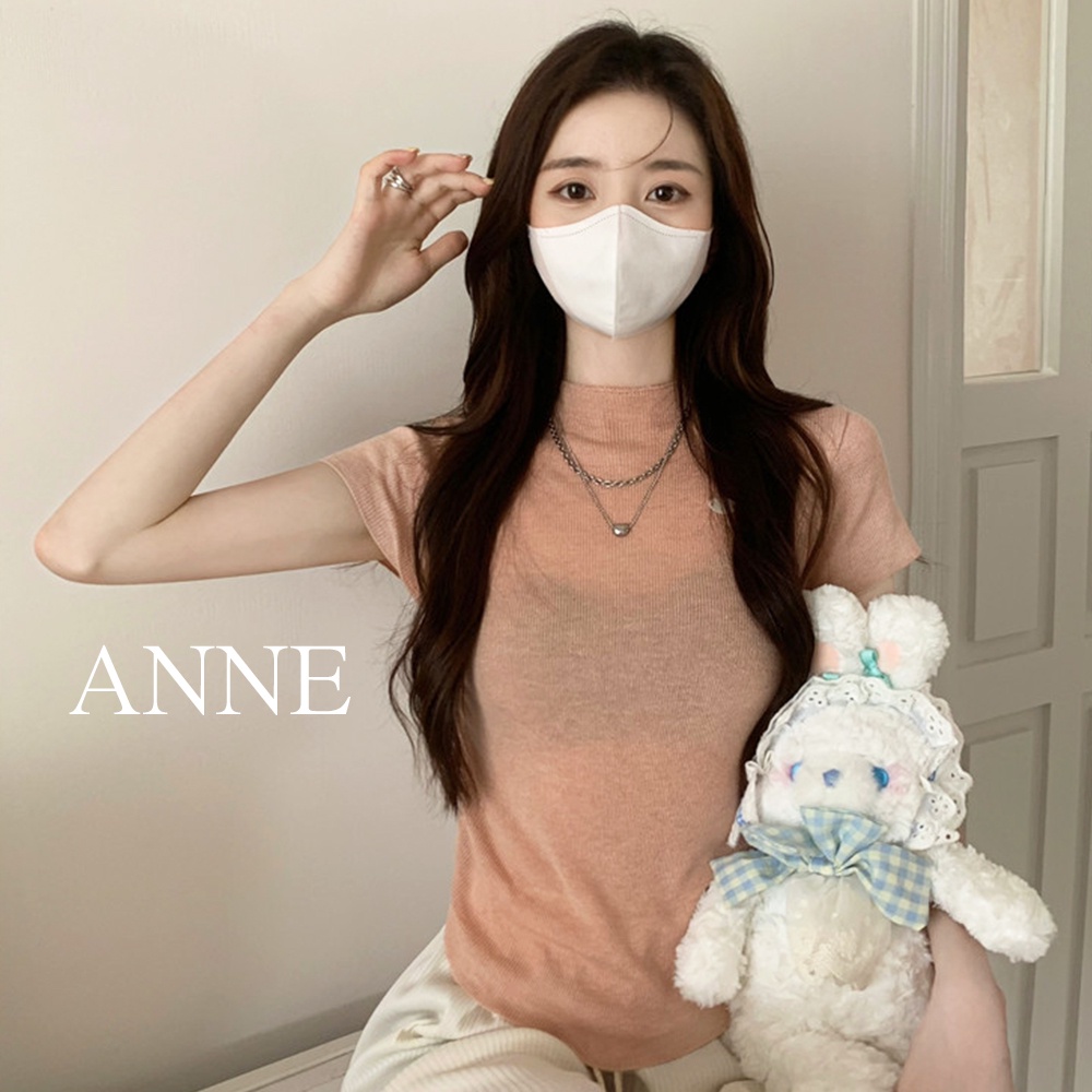 ANNE｜針織微高領 短袖上衣 薄款【AT20301】短袖針織上衣 褶皺顯 身材 針織衫 針織上衣
