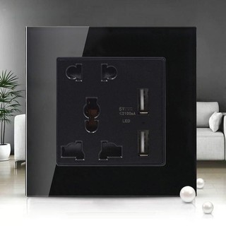 黑色水晶玻璃面板 多五孔雙USB 電燈開關插座USB充電 國際通用萬能插座 臺灣開關插座 110v墻壁開關插座高品質