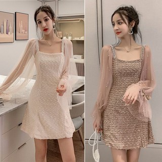 🎀hanagirl 韓國✈️ 小性感裸紗透膚珍珠毛呢氣質長袖洋裝👗a175