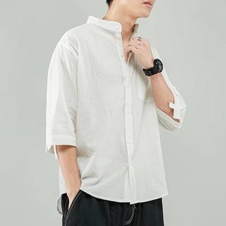七分袖襯衫 亞麻襯衫男 夏季短袖 透氣，速乾，防晒 寬鬆中國風棉麻短袖上衣 男士外套