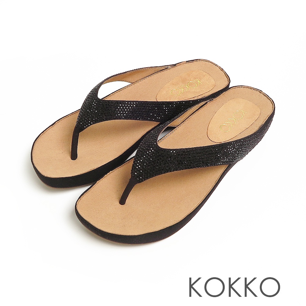 KOKKO渡假感輕奢水鑽夾腳楔型涼拖鞋黑色