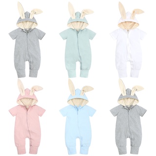 Ins熱賣大耳朵兔子純棉短袖嬰兒連身衣嬰兒兔裝 新生兒純棉透氣兔子衣服嬰兒連體衣短袖包腳包屁衣