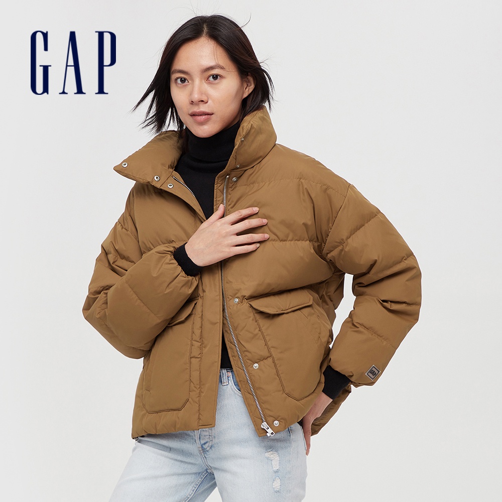 Gap 女裝 時尚寬鬆拉鏈立領羽絨外套-棕色(592232)
