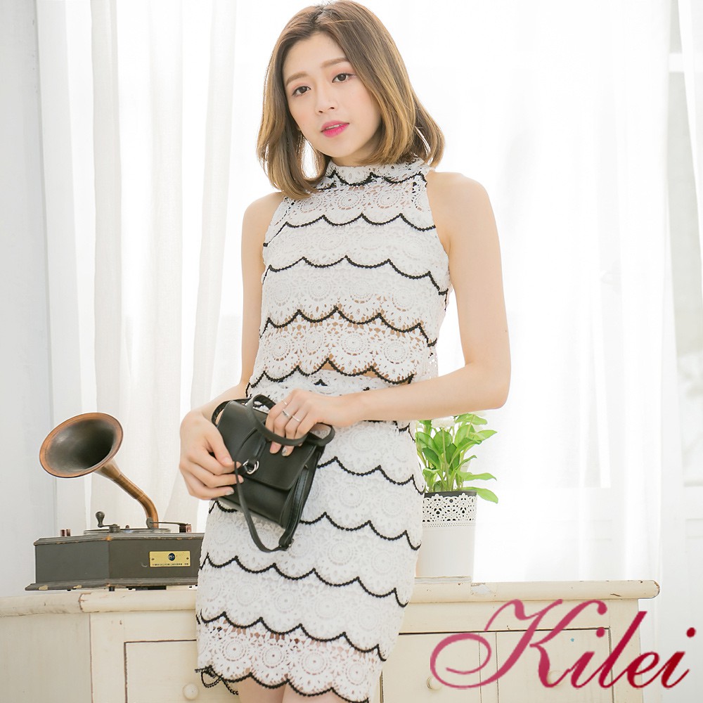 【Kilei】編織精緻扇型蕾絲背心+短窄裙套裝XA3364-01(優雅白)小尺碼