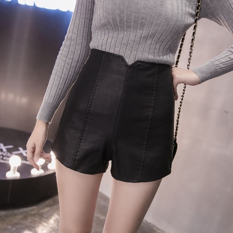 皮短褲女秋冬季2019新款休閑寬松高腰顯瘦闊腿外穿短皮褲打底靴褲 蝦皮購物