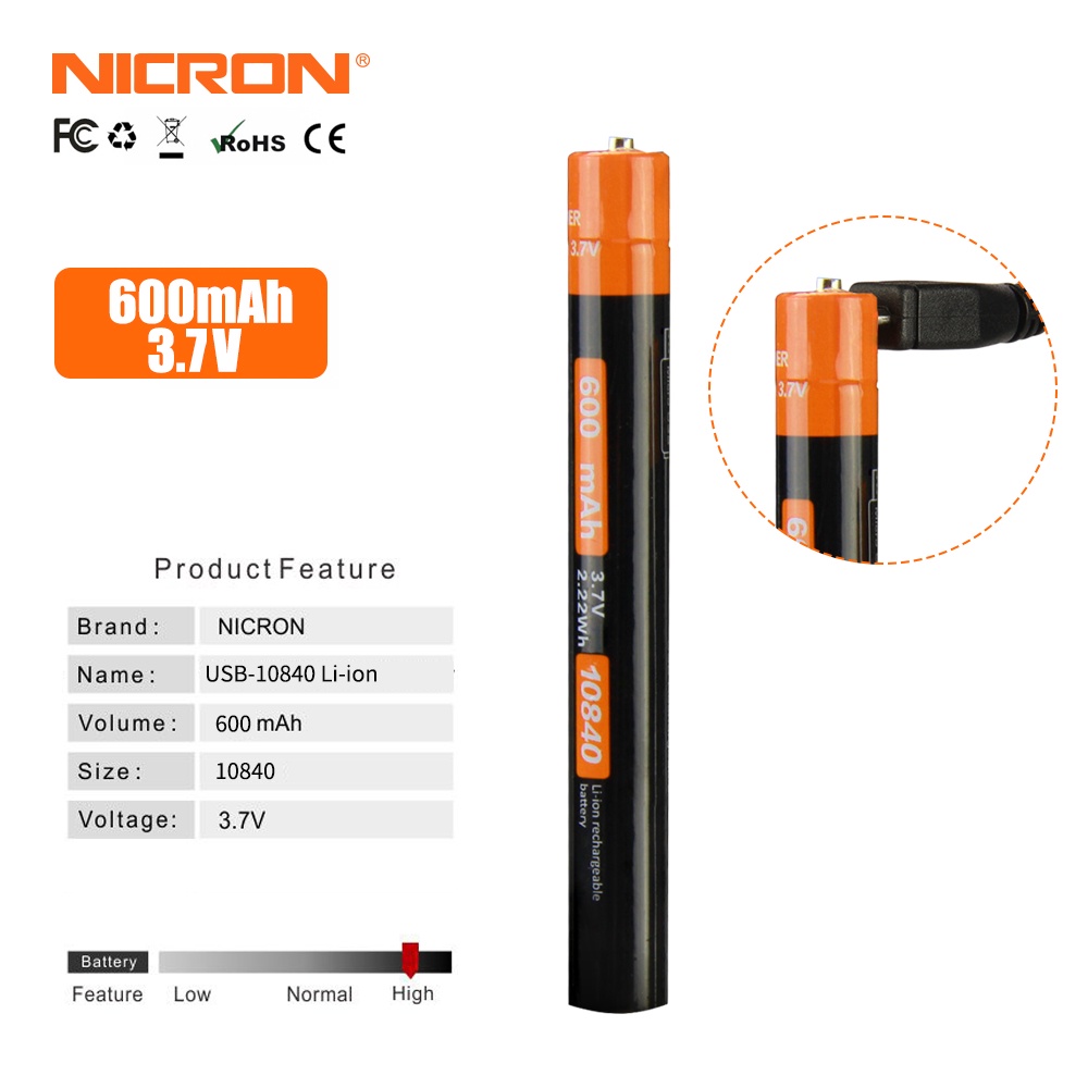 Nicron 大容量 10840 USB-10840 鋰離子電池可充電 USB 孔 600mAh/3.7v 用於 B24