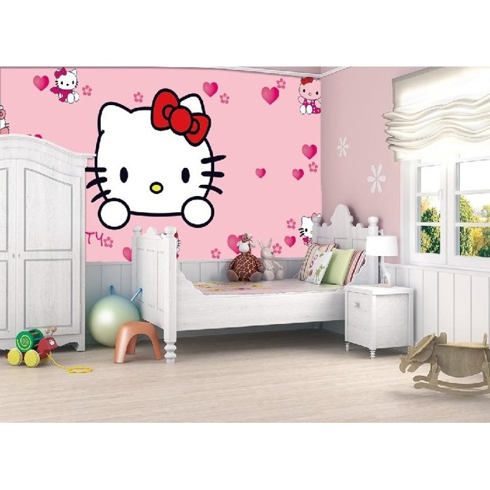 hellokitty兒童房墻畫墻紙壁紙壁畫大型壁畫立體3D床頭現代簡約(可自发素材)