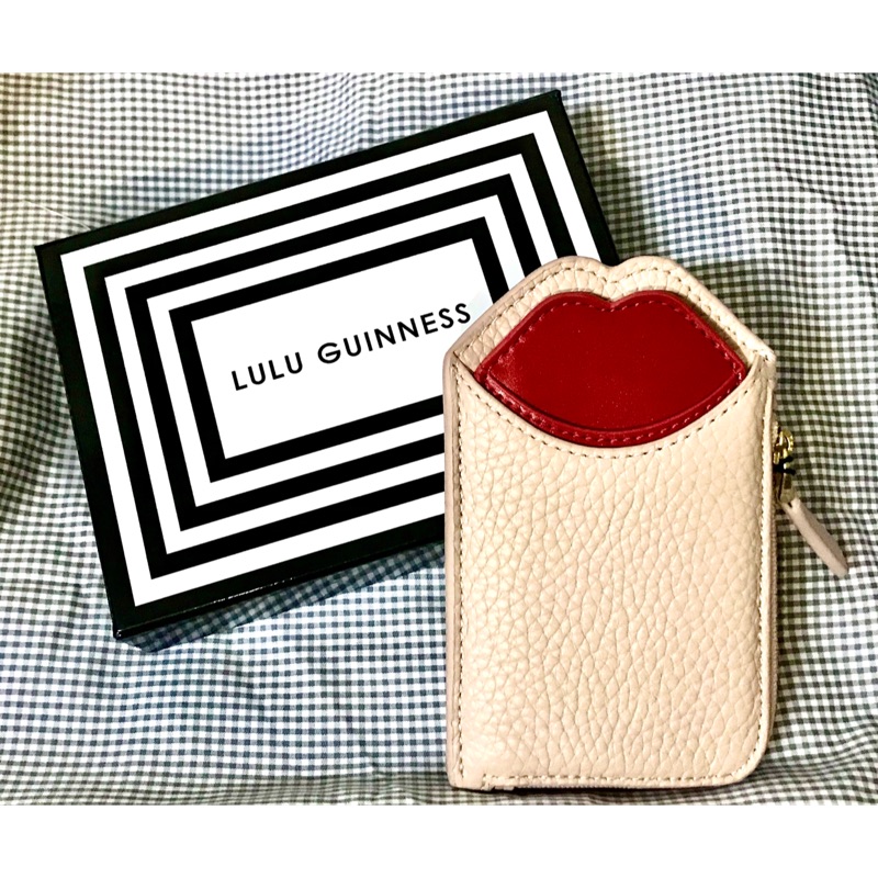 Lulu Guinness 專櫃全新大紅唇水蜜桃粉真皮零錢包票卡夾