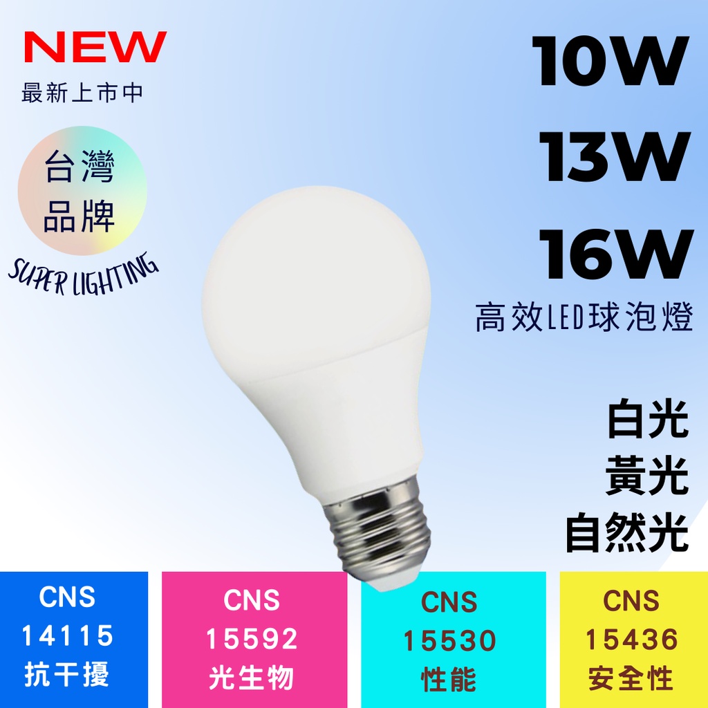[現貨] 台灣品牌 LED10W 13W 16W 球泡燈 燈泡高效 白光黃光自然光 CNS認證 BSMI認證 無藍光危害