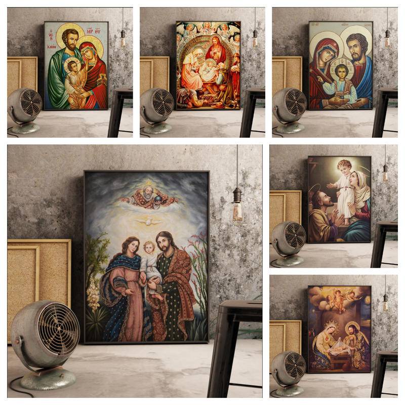 神聖的家庭圖標耶穌基督聖母瑪利亞和約瑟夫畫布海報宗教圖片打印牆藝術家居裝飾